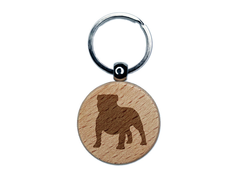 Bulldog English British Dog Solid Engraved Wood Round Keychain Tag Charm