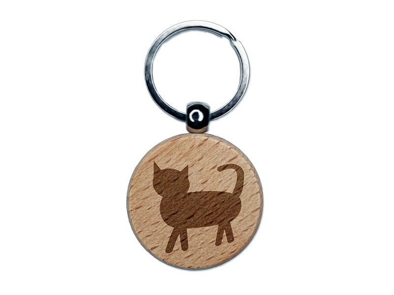 Cat Prancing Solid Engraved Wood Round Keychain Tag Charm