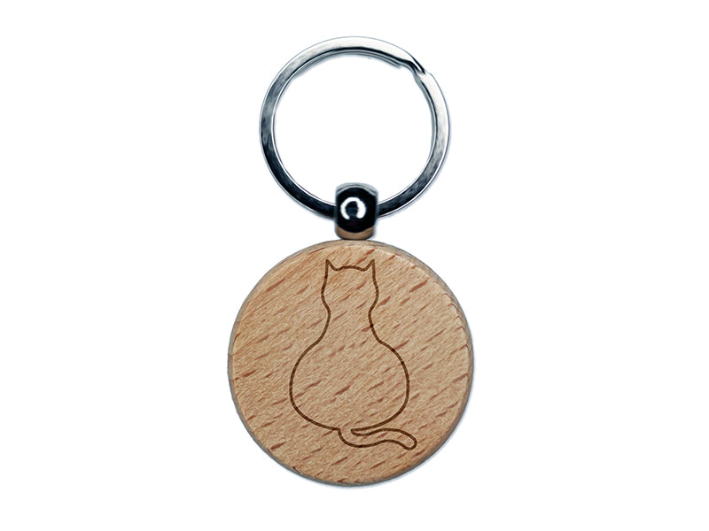 Cat Sitting Back Outline Engraved Wood Round Keychain Tag Charm