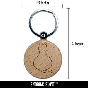 Cat Sitting Back Outline Engraved Wood Round Keychain Tag Charm