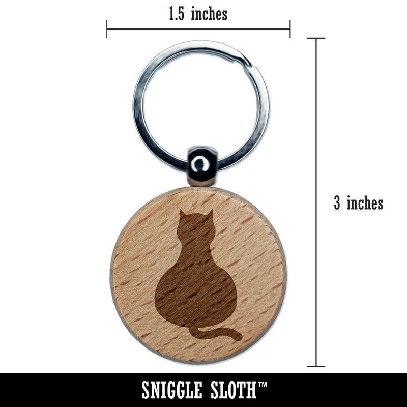 Cat Sitting Back Solid Engraved Wood Round Keychain Tag Charm