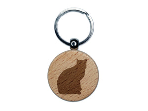 Cat Sitting Side Profile Solid Engraved Wood Round Keychain Tag Charm