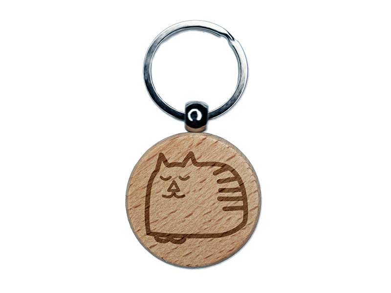 Cat Sleeping Doodle Engraved Wood Round Keychain Tag Charm
