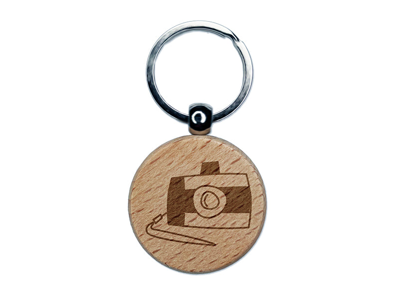 Digital Camera Doodle Engraved Wood Round Keychain Tag Charm