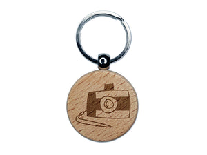 Digital Camera Doodle Engraved Wood Round Keychain Tag Charm