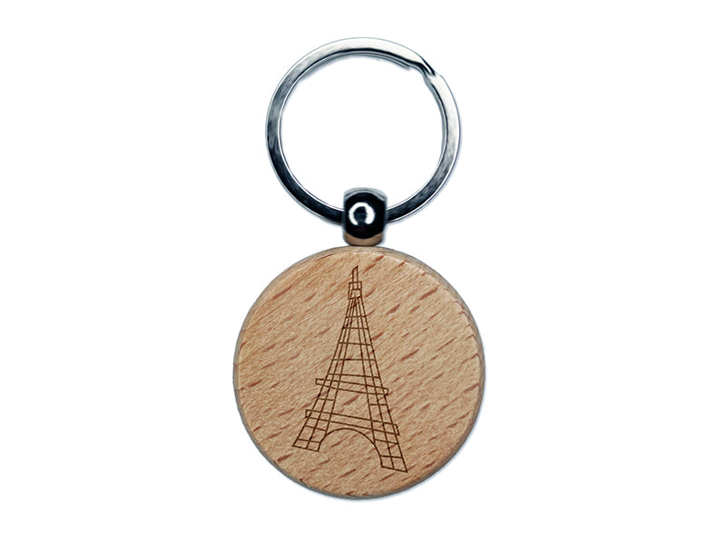 Eiffel Tower Paris France Doodle Engraved Wood Round Keychain Tag Charm