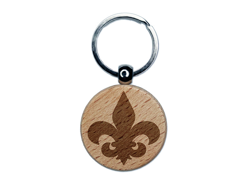 Fleur de Lis Solid Engraved Wood Round Keychain Tag Charm