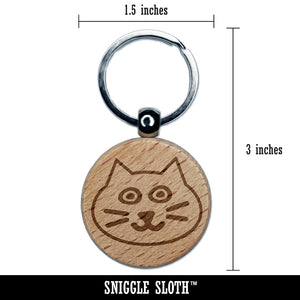 Happy Cat Face Doodle Engraved Wood Round Keychain Tag Charm
