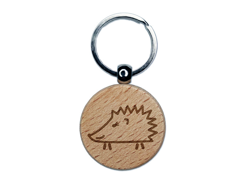 Happy Hedgehog Doodle Engraved Wood Round Keychain Tag Charm