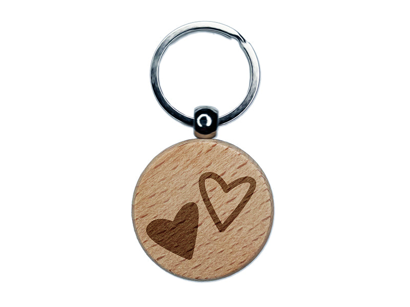 Pair of Hearts Love Engraved Wood Round Keychain Tag Charm