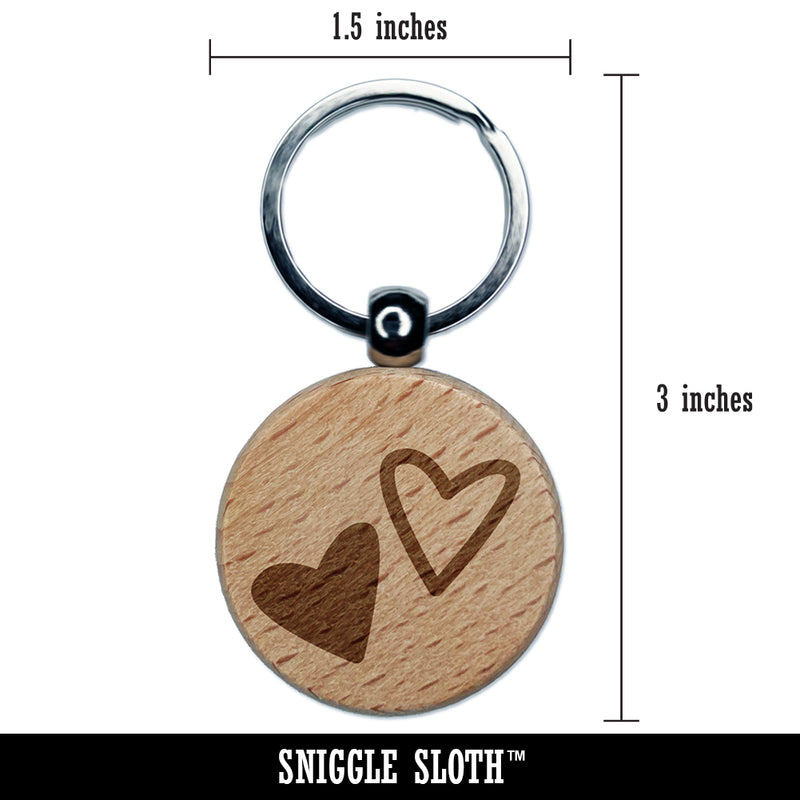 Pair of Hearts Love Engraved Wood Round Keychain Tag Charm
