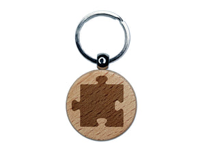 Puzzle Piece Solid Engraved Wood Round Keychain Tag Charm