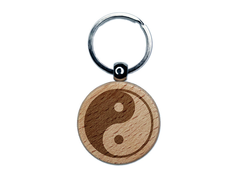 Yin and Yang Symbol Engraved Wood Round Keychain Tag Charm