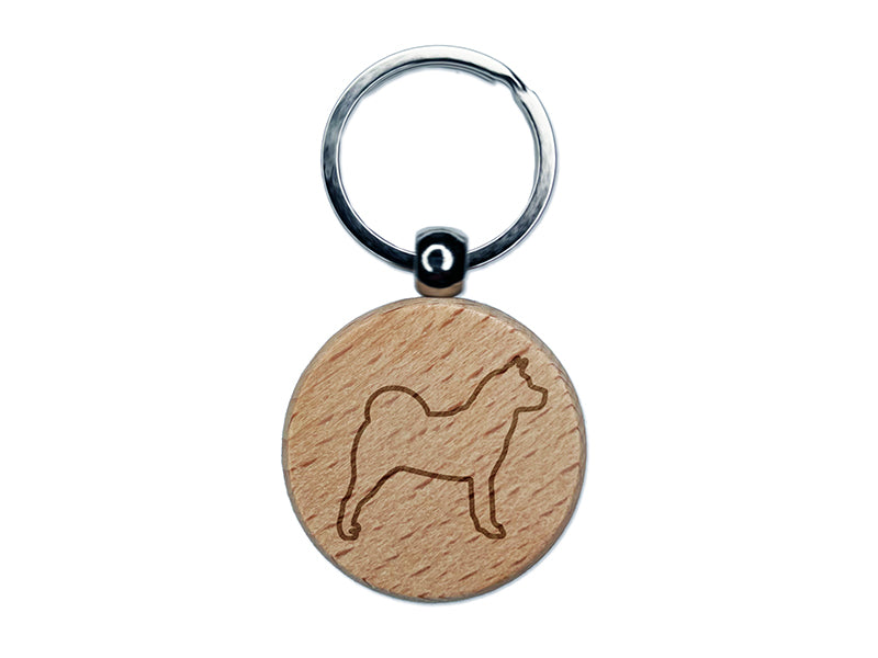 American Akita Dog Outline Engraved Wood Round Keychain Tag Charm