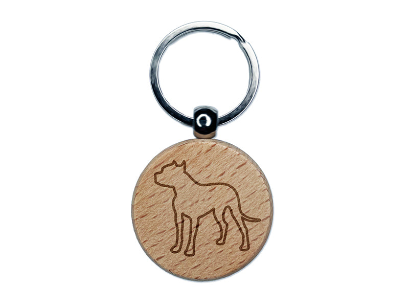American Pit Bull Terrier Dog Outline Engraved Wood Round Keychain Tag Charm