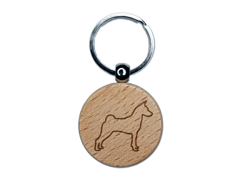 Basenji Dog Outline Engraved Wood Round Keychain Tag Charm