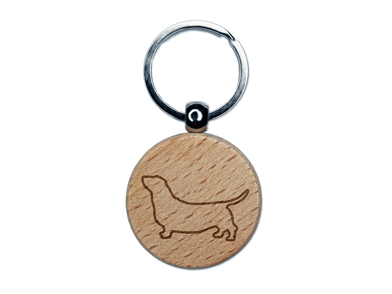 Basset Hound Dog Outline Engraved Wood Round Keychain Tag Charm