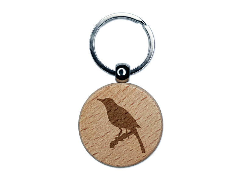 Bird on Branch Solid Engraved Wood Round Keychain Tag Charm
