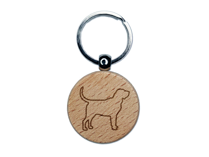 Bloodhound Dog Outline Engraved Wood Round Keychain Tag Charm