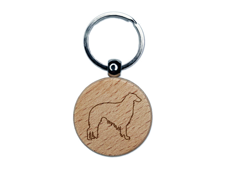 Borzoi Russian Wolfhound Dog Outline Engraved Wood Round Keychain Tag Charm