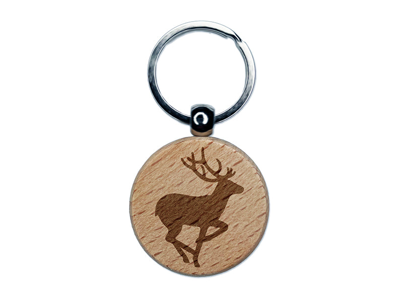 Deer Buck in Profile Solid Engraved Wood Round Keychain Tag Charm