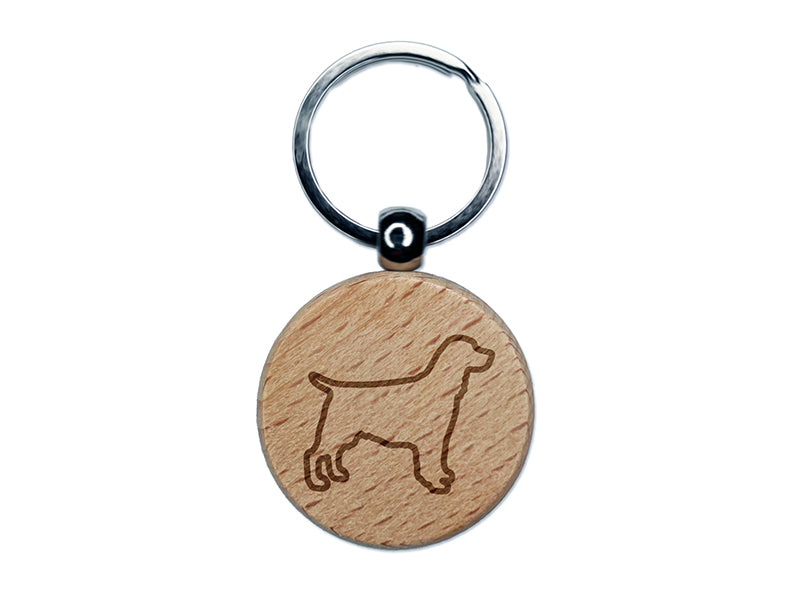 English Springer Spaniel Dog Outline Engraved Wood Round Keychain Tag Charm