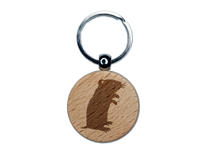 Gerbil Standing Profile Engraved Wood Round Keychain Tag Charm