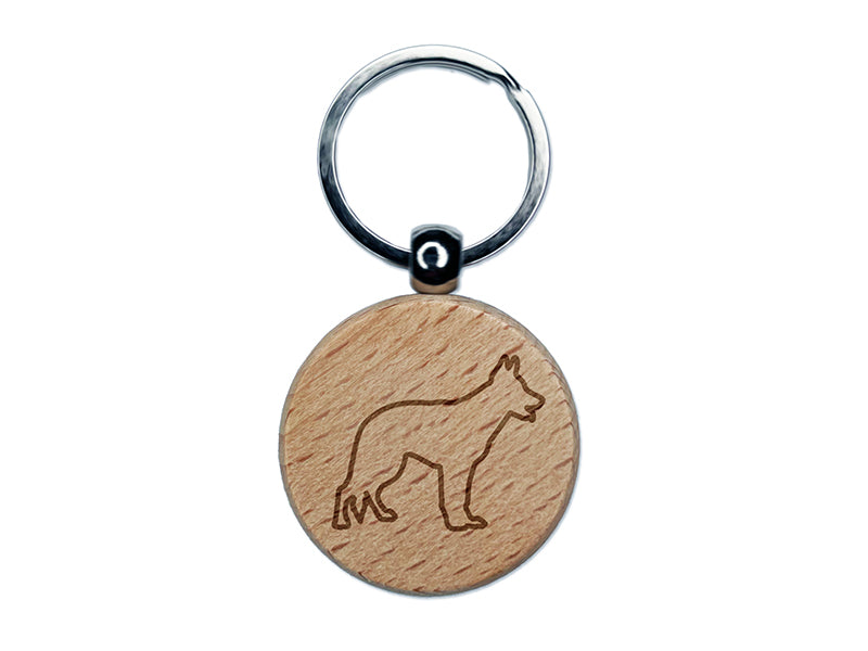 German Shepherd Dog Outline Engraved Wood Round Keychain Tag Charm