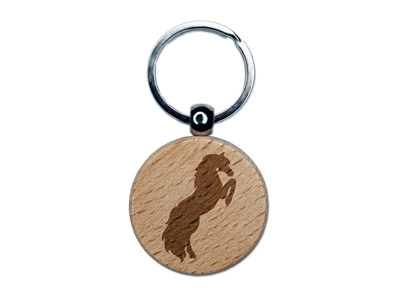 Horse Rearing on Hind Legs Solid Engraved Wood Round Keychain Tag Charm