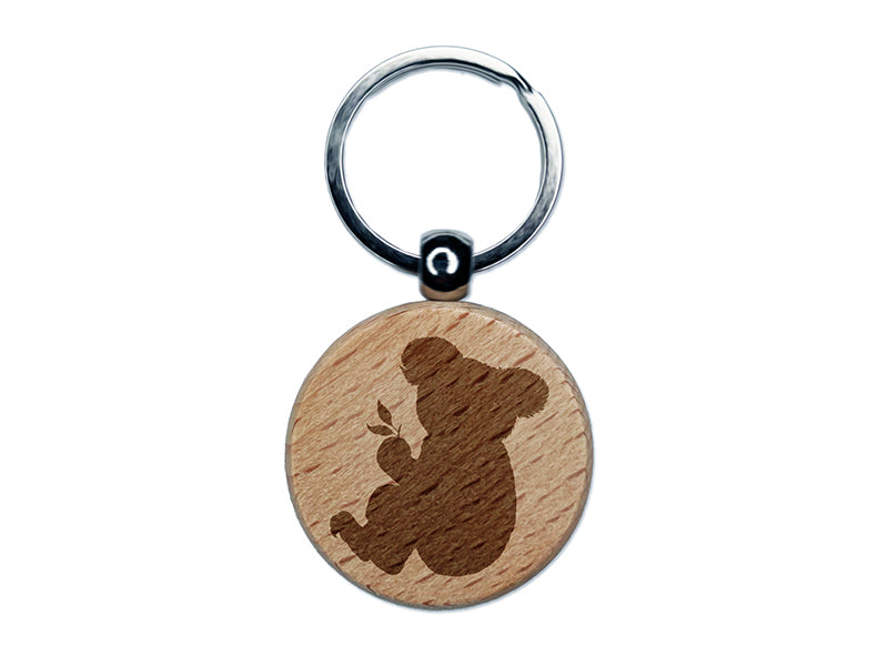 Koala with Leaves Solid Engraved Wood Round Keychain Tag Charm