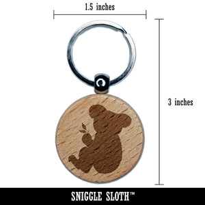 Koala with Leaves Solid Engraved Wood Round Keychain Tag Charm