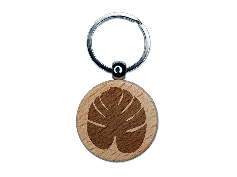 Palm Leaf Tropical Engraved Wood Round Keychain Tag Charm