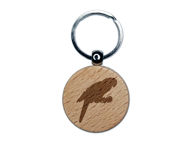 Parrot on Branch Bird Sketch Solid Engraved Wood Round Keychain Tag Charm