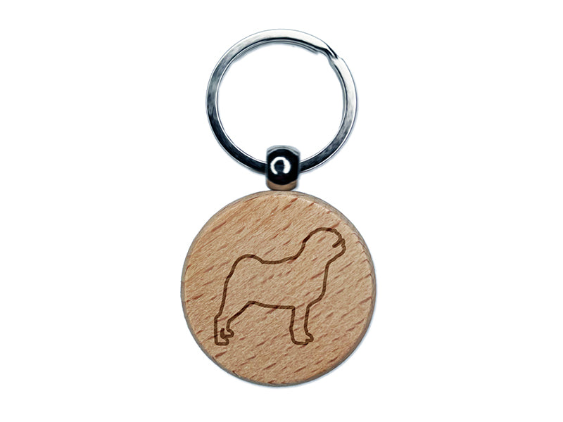 Pug Dog Outline Engraved Wood Round Keychain Tag Charm