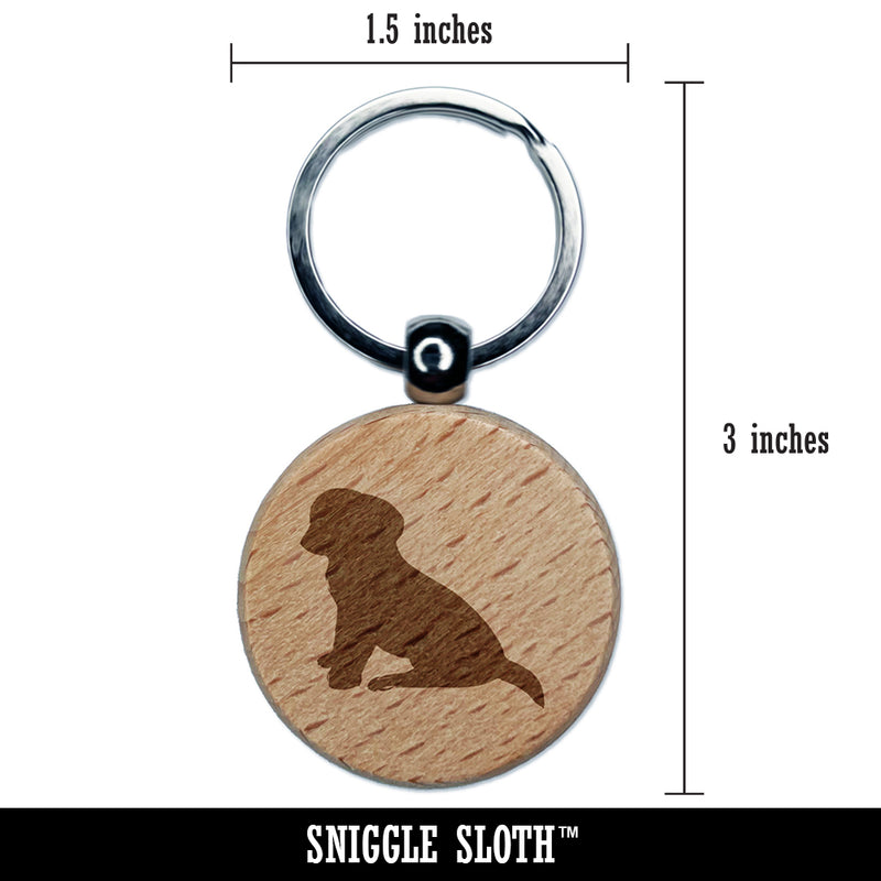 Puppy Dog Sitting Solid Engraved Wood Round Keychain Tag Charm