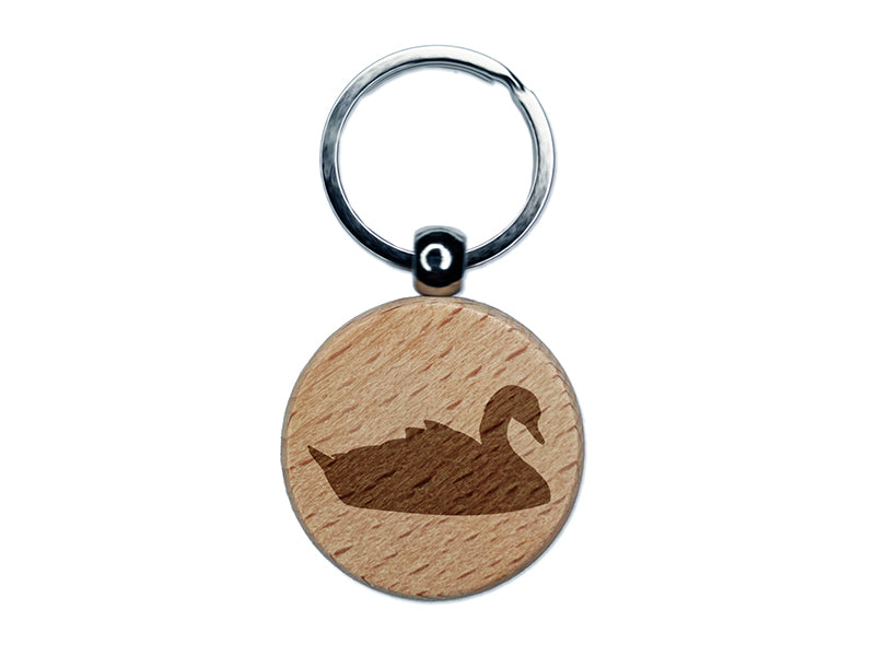 Swan Swimming Solid Engraved Wood Round Keychain Tag Charm