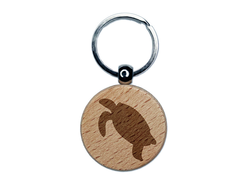 Turtle Swimming Solid Engraved Wood Round Keychain Tag Charm