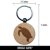 Turtle Swimming Solid Engraved Wood Round Keychain Tag Charm