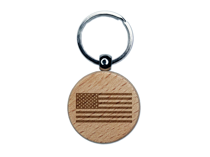 USA United States of America Flag Engraved Wood Round Keychain Tag Charm