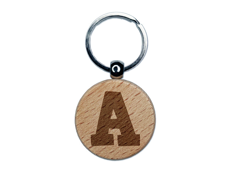 Letter A Uppercase Fun Bold Font Engraved Wood Round Keychain Tag Charm