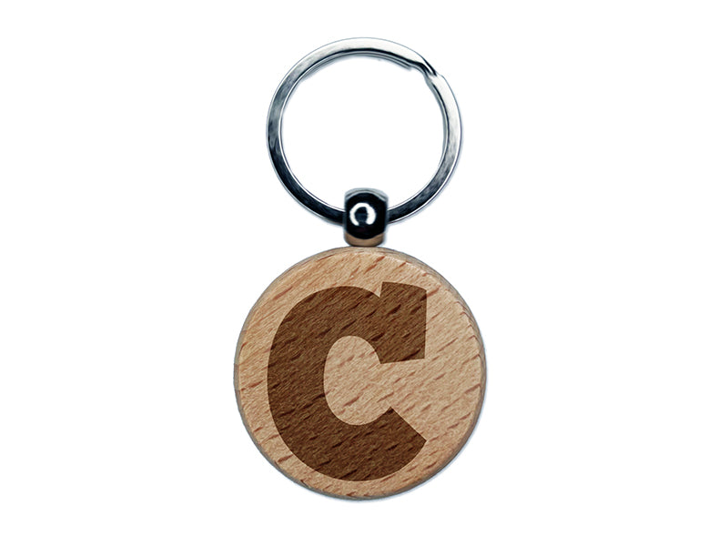 Letter C Uppercase Fun Bold Font Engraved Wood Round Keychain Tag Charm
