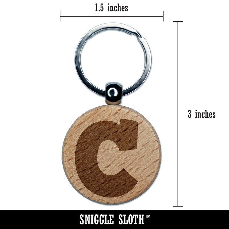 Letter C Uppercase Fun Bold Font Engraved Wood Round Keychain Tag Charm