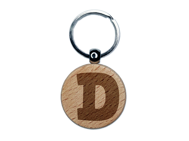 Letter D Uppercase Fun Bold Font Engraved Wood Round Keychain Tag Charm