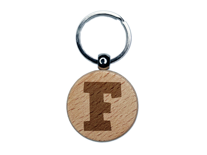 Letter F Uppercase Fun Bold Font Engraved Wood Round Keychain Tag Charm