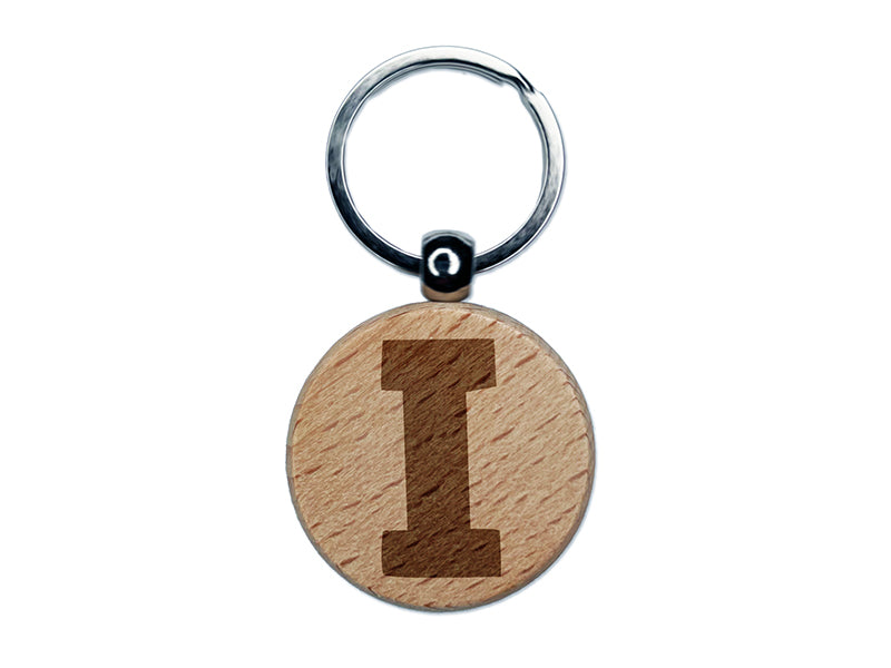 Letter I Uppercase Fun Bold Font Engraved Wood Round Keychain Tag Charm