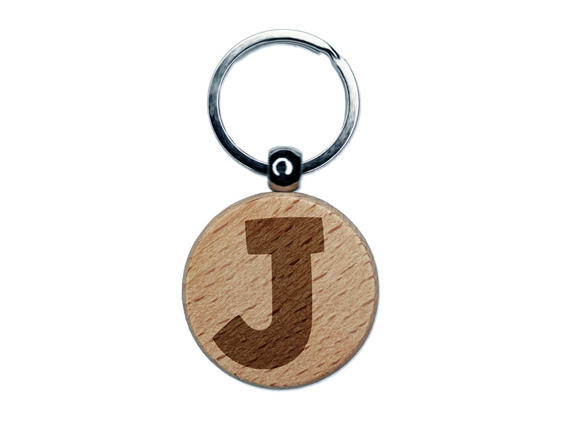 Letter J Uppercase Fun Bold Font Engraved Wood Round Keychain Tag Charm