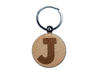 Letter J Uppercase Fun Bold Font Engraved Wood Round Keychain Tag Charm