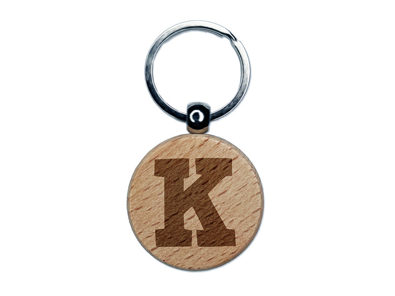 Letter K Uppercase Fun Bold Font Engraved Wood Round Keychain Tag Charm