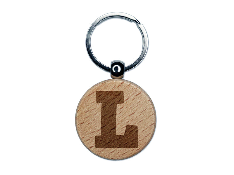 Letter L Uppercase Fun Bold Font Engraved Wood Round Keychain Tag Charm