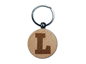 Letter L Uppercase Fun Bold Font Engraved Wood Round Keychain Tag Charm